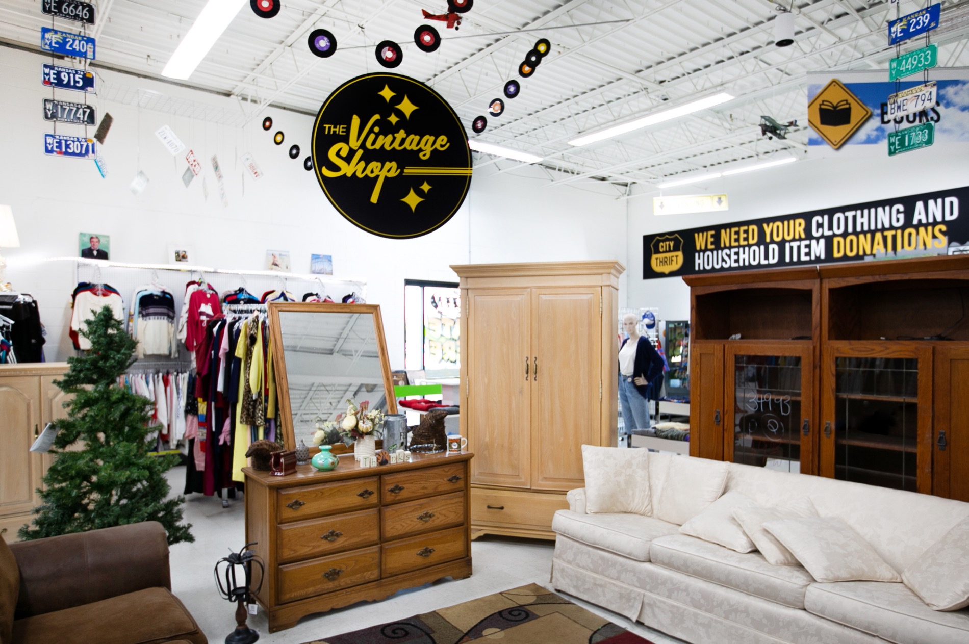 A close-up of a curated furniture vignette inside a City Thrift store