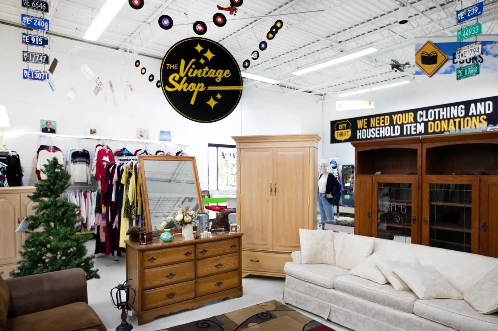 A close-up of a curated furniture vignette inside a City Thrift store